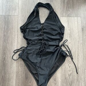 Black Halter One-Piece Swimsuit L cut out sides strappy